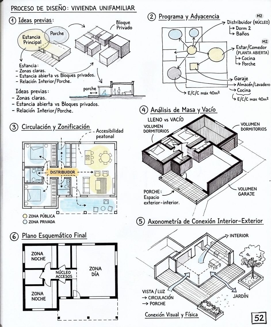 Croquis del proceso de diseño de una vivienda unifamiliar: zonificación, circulación y análisis de masa y vacío